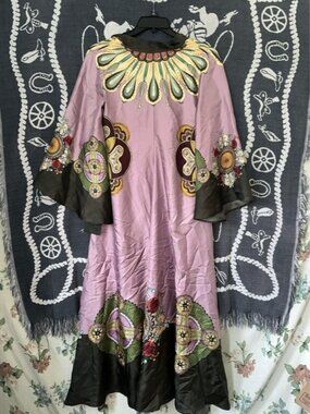 LA DoubleJ Lilac and Olive Embroidered Silk Dress